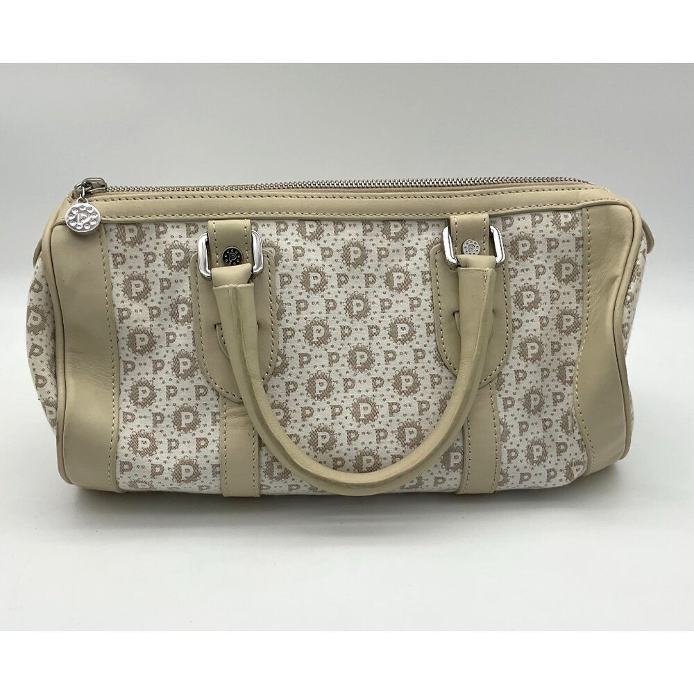 Pollini VTG Collection Heritage Monogram Tan & Cream Canvas & Leather Barrel Bag